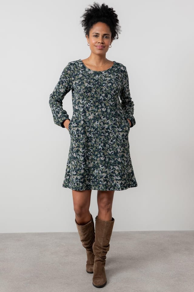 Lily & Me Lily & Me Women's Spruce Ditsy Print Boat Neck Swing Dress with Full length sleeves in Green - 2