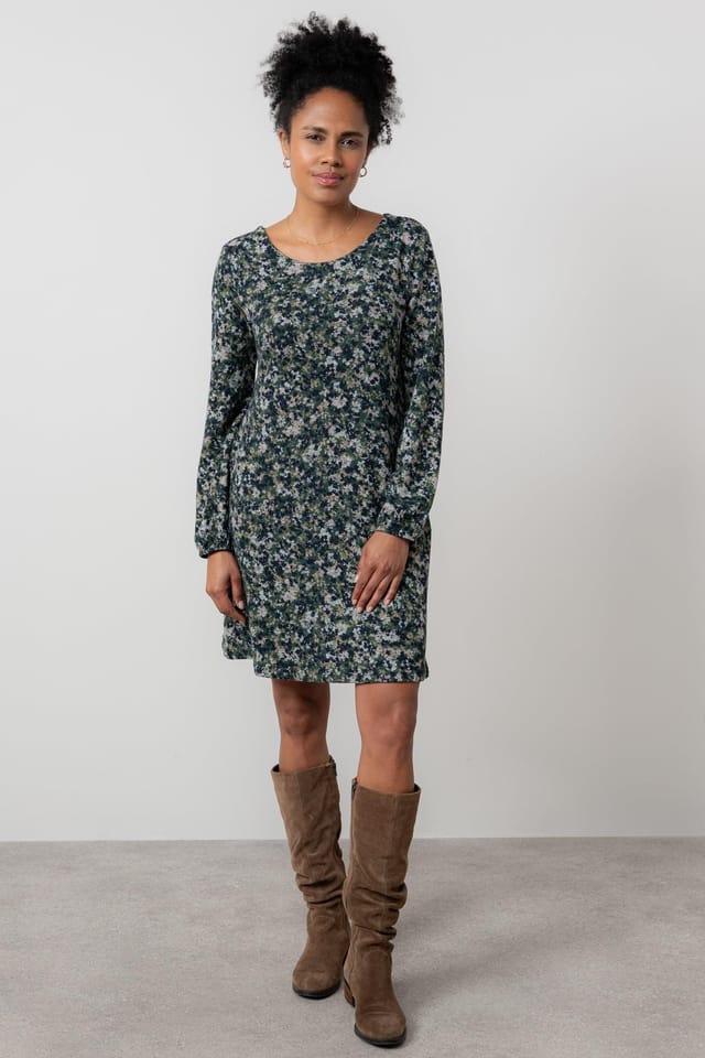 Lily & Me Lily & Me Women's Spruce Ditsy Print Boat Neck Swing Dress with Full length sleeves in Green - 3