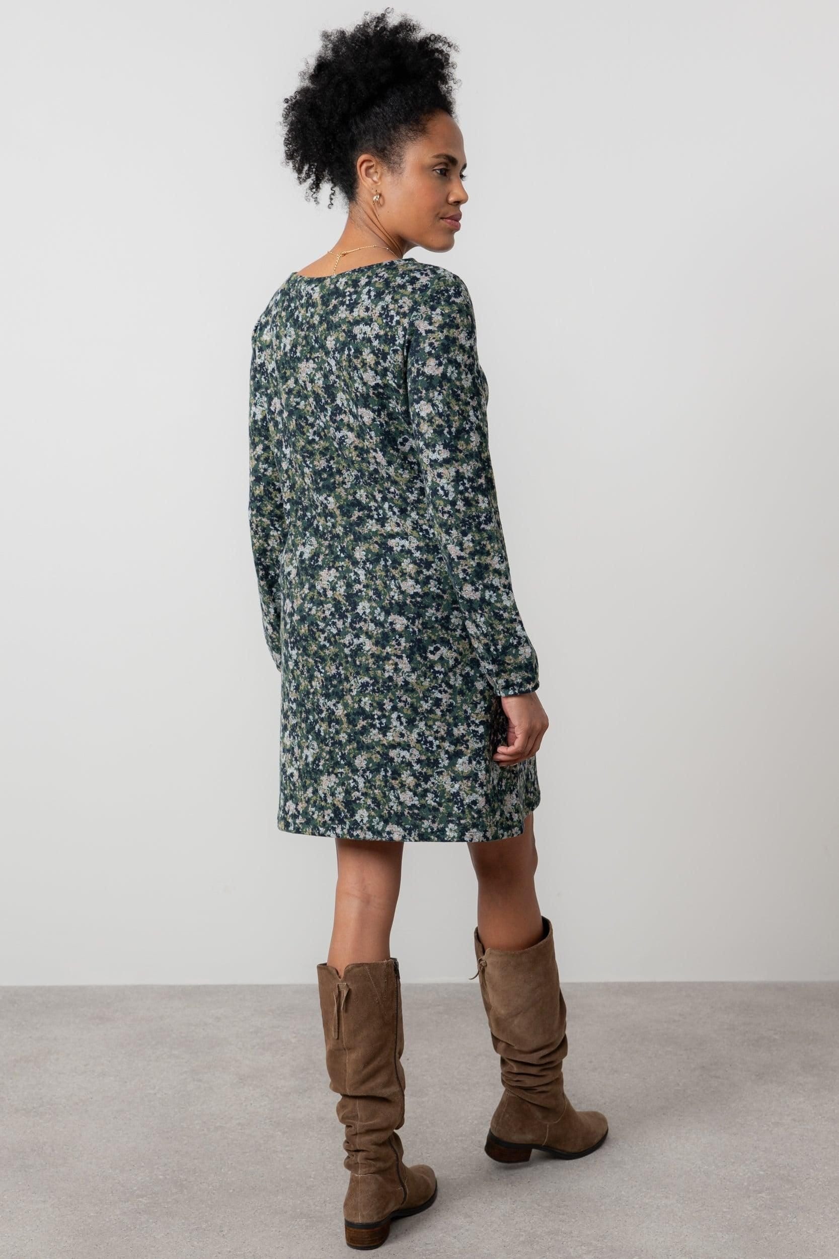 Lily & Me Lily & Me Women's Spruce Ditsy Print Boat Neck Swing Dress with Full length sleeves in Green - 4