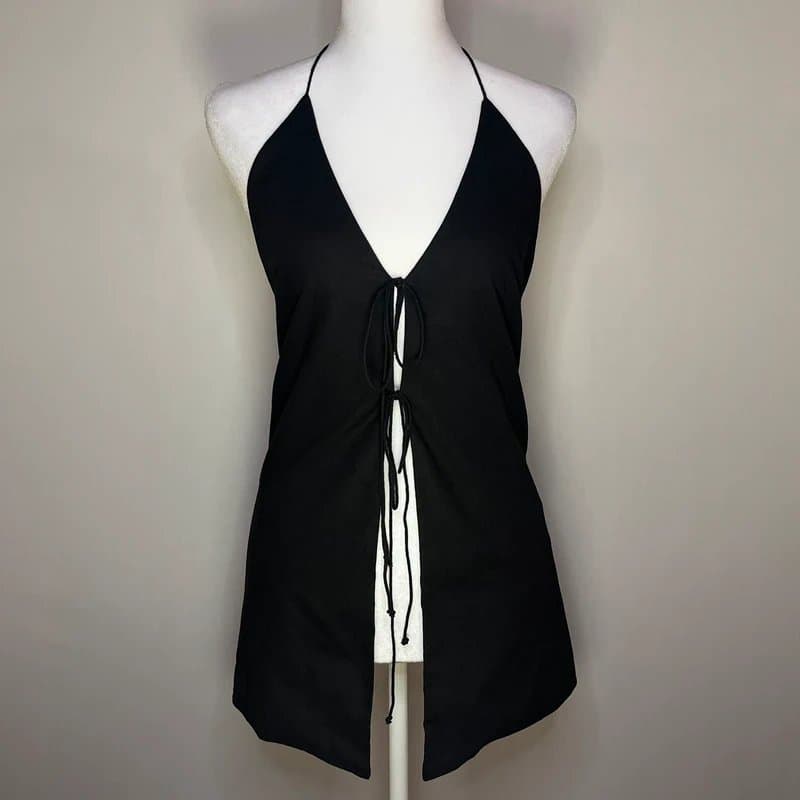 Commense NWT Commense Cotton & Linen Halter Top Tie Front Sleeveless Black Women’s Medium