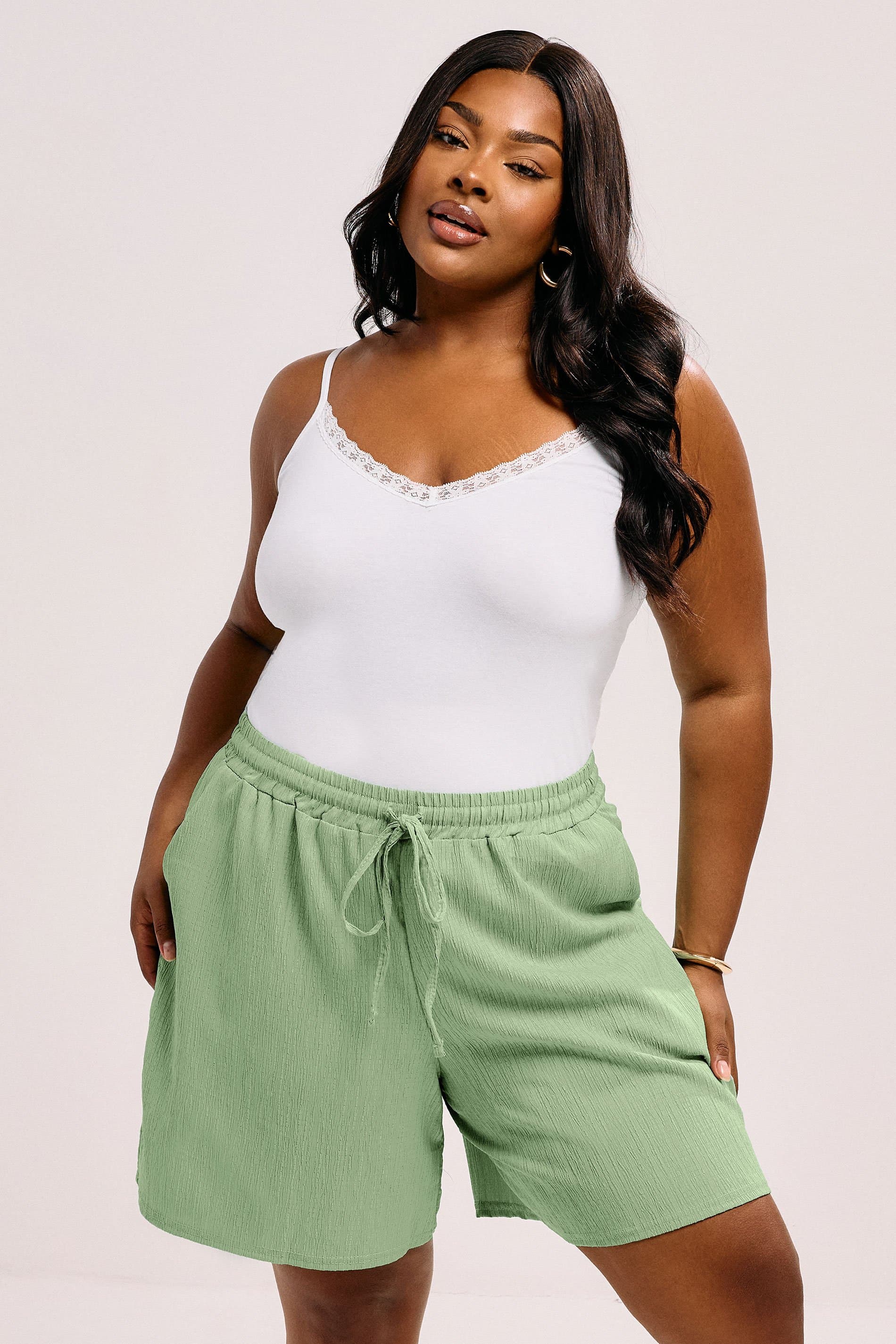Yours Plus Size Sage Green Crinkle Tie Waist Shorts