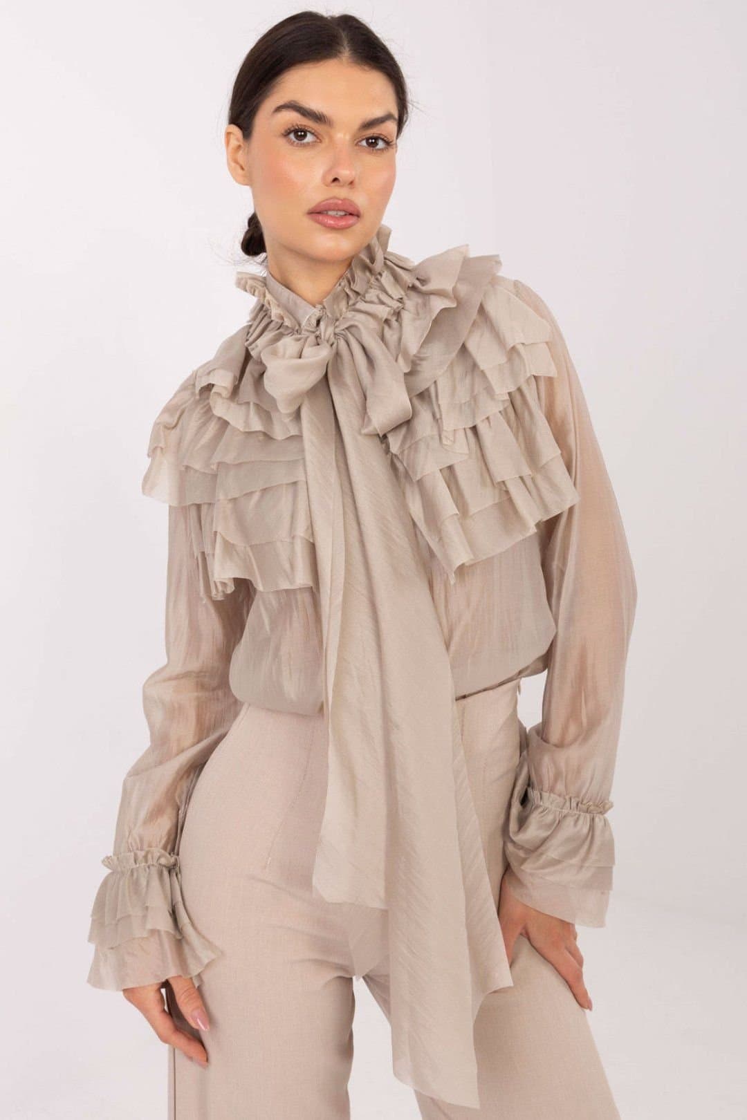 Love Lace Love Lace Women's Stand Collar Long Sleeve Jabot Shirt in Beige