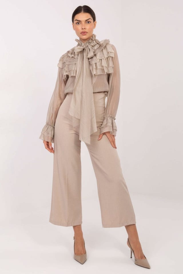 Love Lace Love Lace Women's Stand Collar Long Sleeve Jabot Shirt in Beige - 2