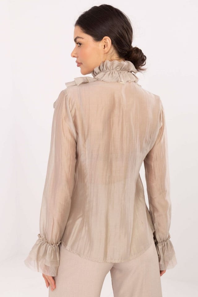 Love Lace Love Lace Women's Stand Collar Long Sleeve Jabot Shirt in Beige - 3
