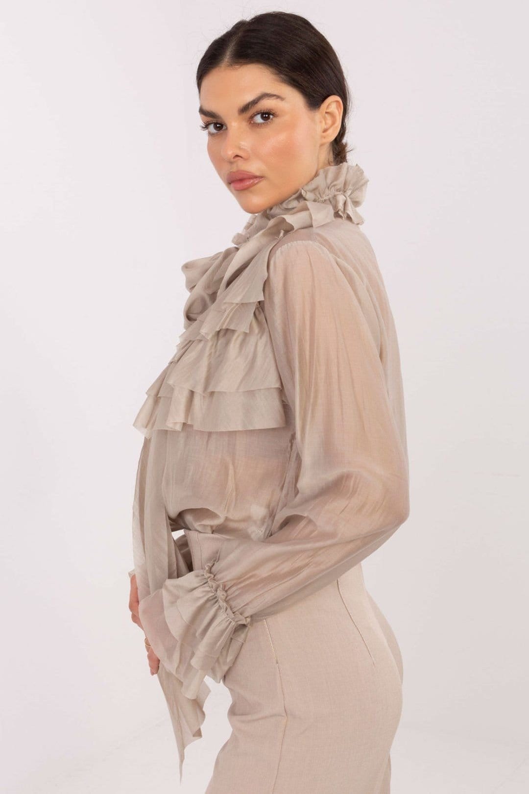 Love Lace Love Lace Women's Stand Collar Long Sleeve Jabot Shirt in Beige - 4