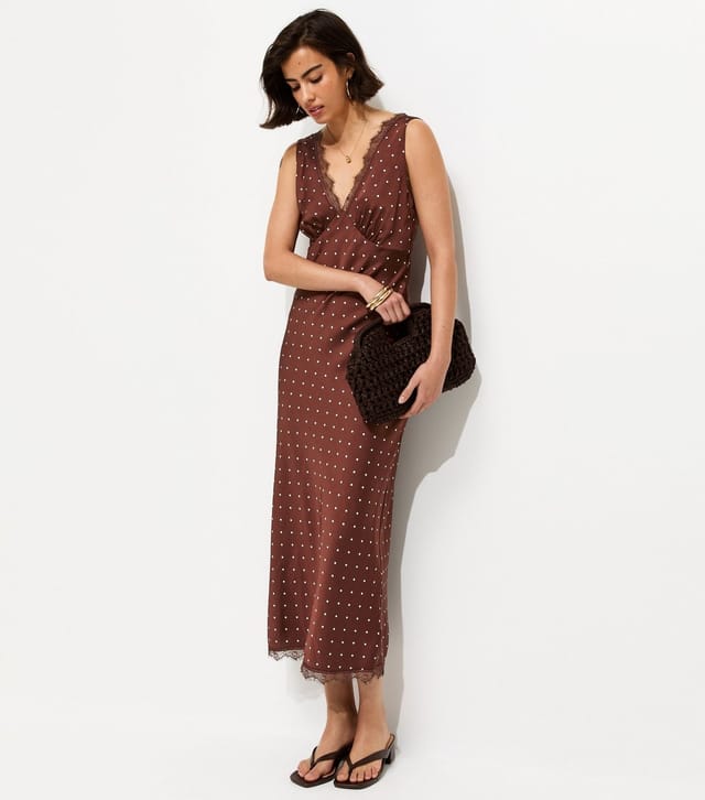 New Look Women's Brown Polka Dot Satin Lace Trim Midi Dress New Look - 3