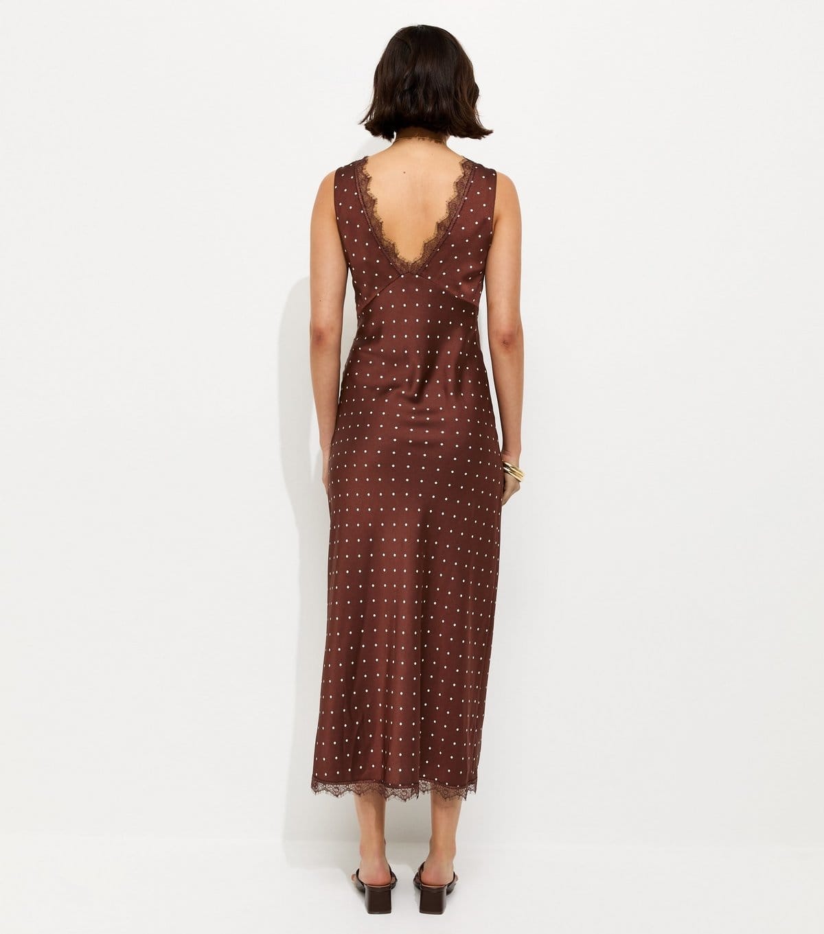 New Look Women's Brown Polka Dot Satin Lace Trim Midi Dress New Look - 4