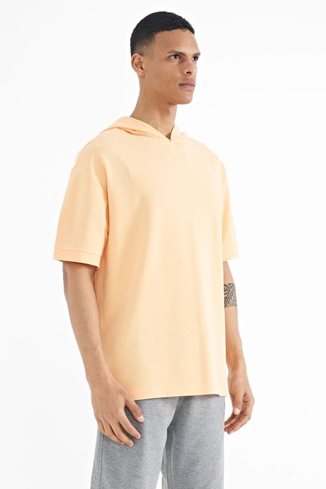 Tommy Life Tommy Life Men's Oversized Hooded Short-sleeve T-shirt in Pale Orange - 3