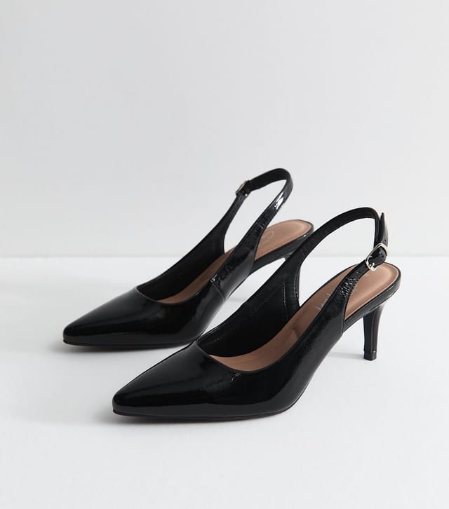 New Look Women's Black Patent Faux Leather Pointed Toe Slingback Pumps Vegan New Look - 2
