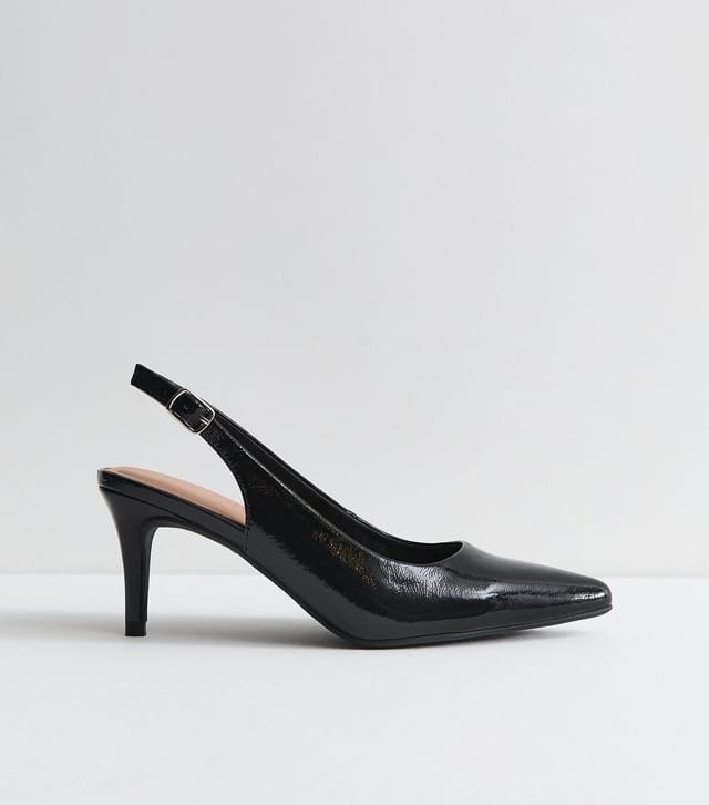 New Look Women's Black Patent Faux Leather Pointed Toe Slingback Pumps Vegan New Look - 3