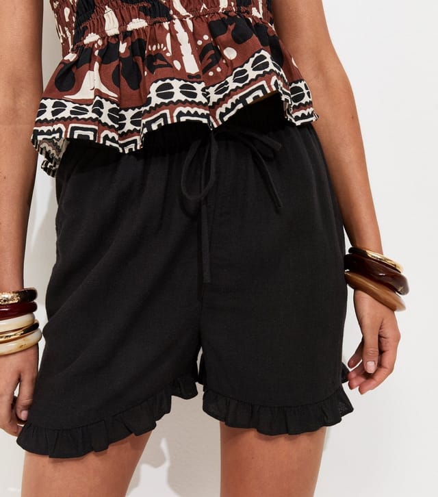New Look Women's Black Drawstring Waist Ruffle Trim Shorts New Look - 2