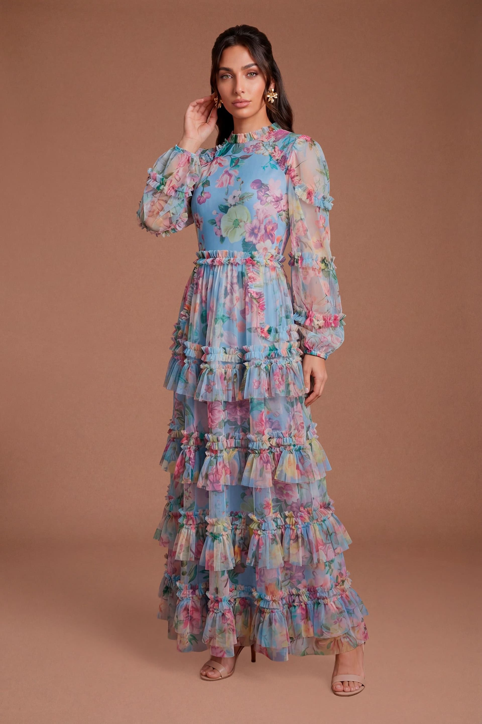 Coast Coast Women's Printed Tiered Ruffle Mesh Maxi Dress in Light Blue