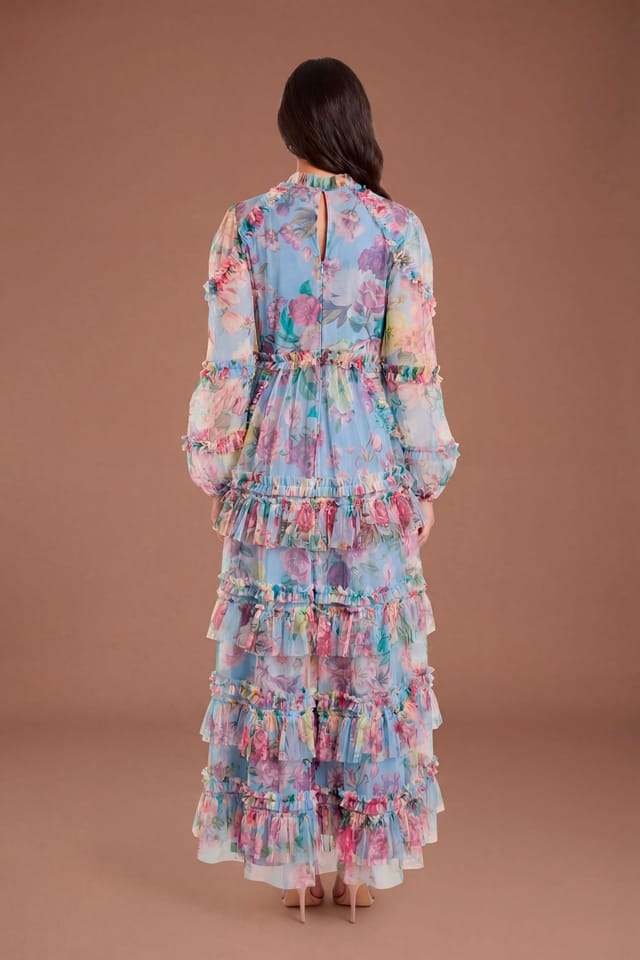 Coast Coast Women's Printed Tiered Ruffle Mesh Maxi Dress in Light Blue - 3