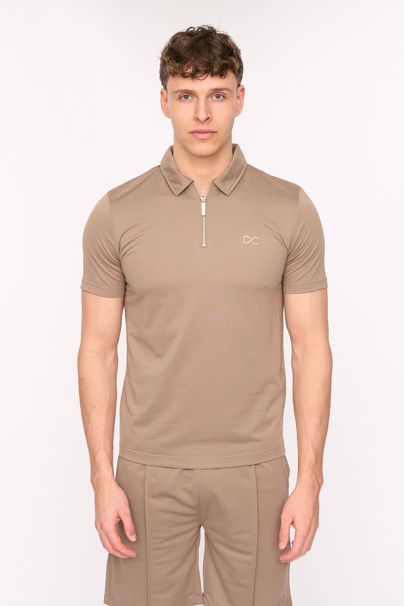 Duck&Cover Duck&Cover Men's Medford Coordinated Zip-Polo & Pintuck Shorts Set in Taupe
