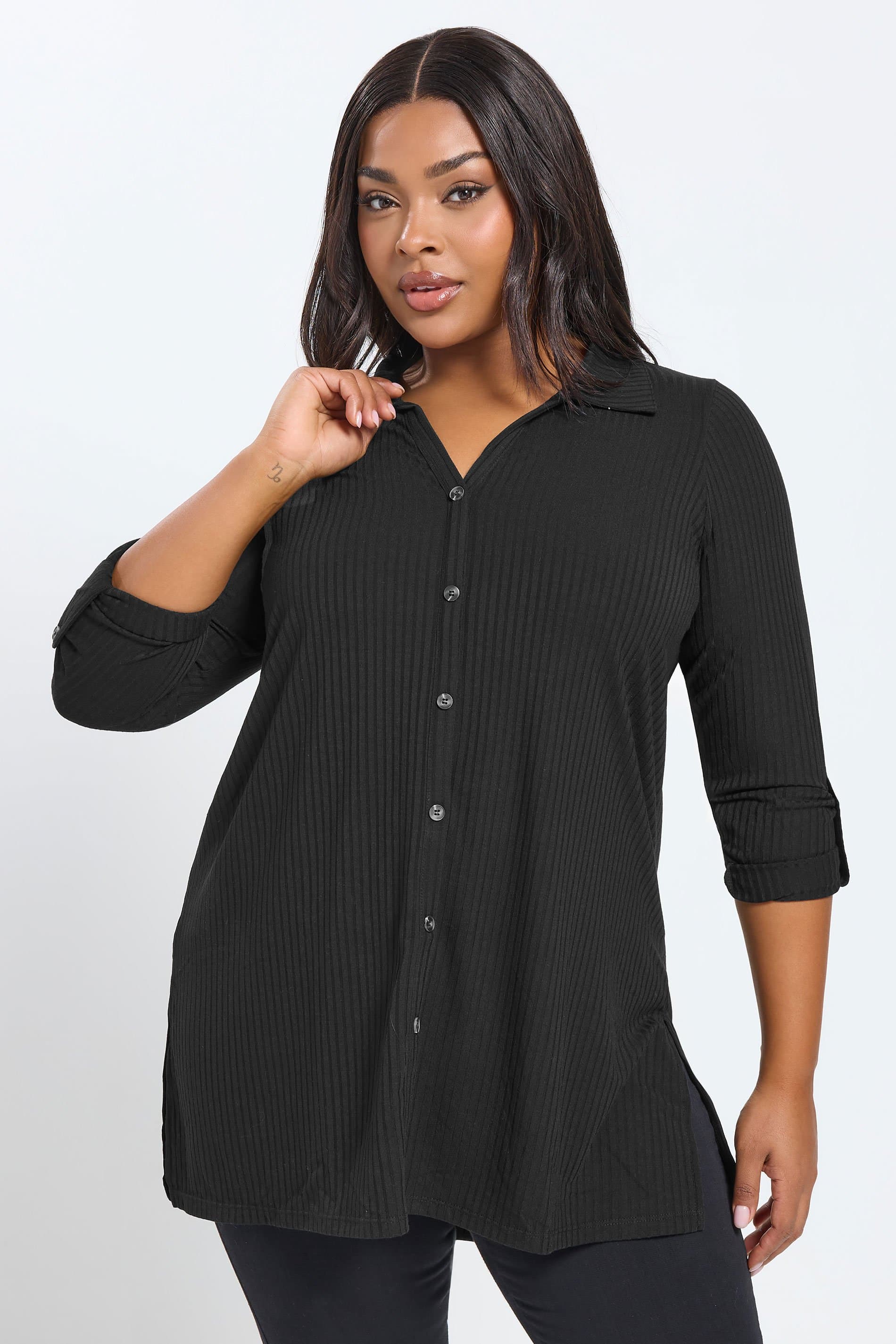 Yours Plus Size Black Button Through Ribbed Top