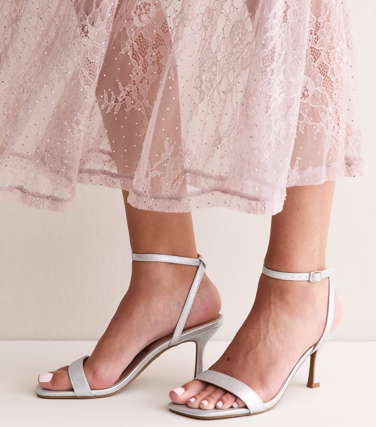 New Look Women's Silver Shimmer Faux Leather Heeled Sandals Vegan New Look