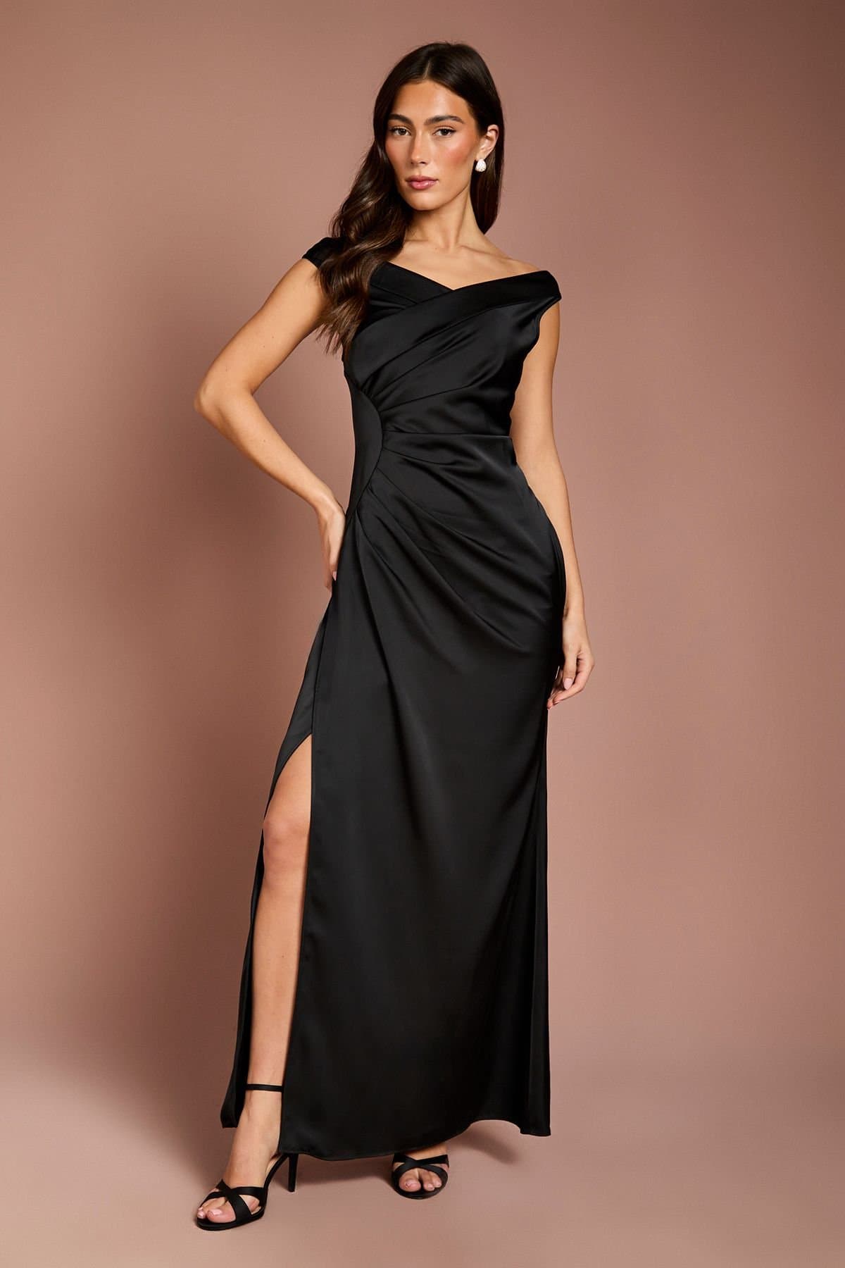 Coast Coast Women's Satin Bardot Bridesmaid Maxi Dress with Waist Ruching Detail in Black