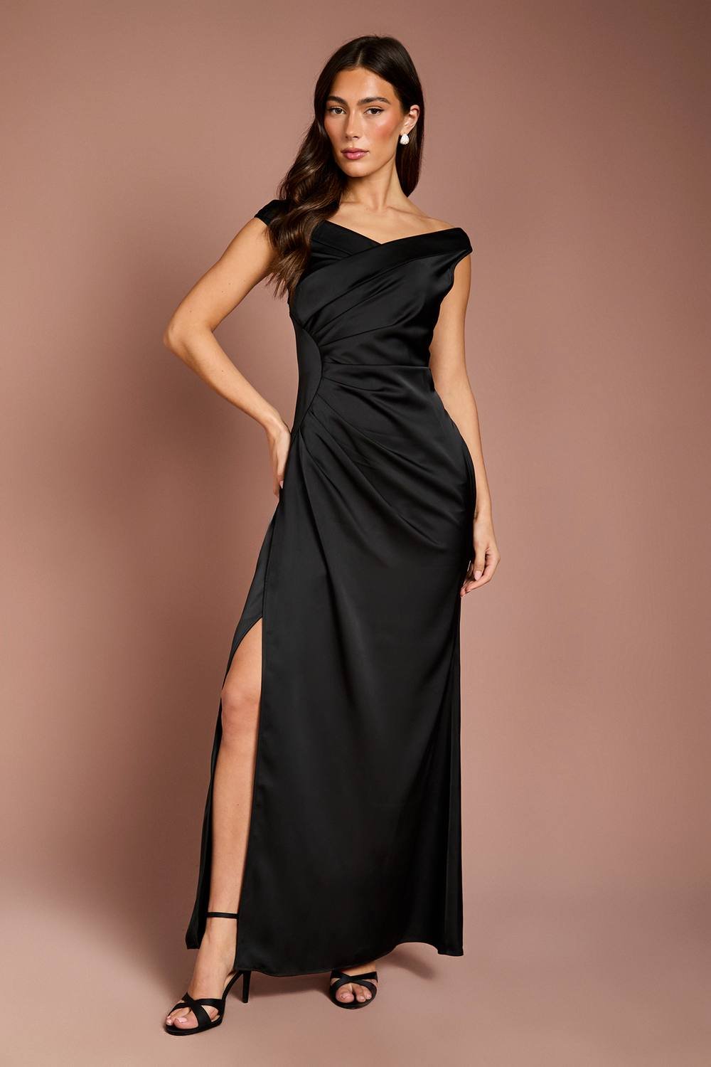 Coast Coast Women's Satin Bardot Bridesmaid Maxi Dress with Waist Ruching Detail in Black - 2
