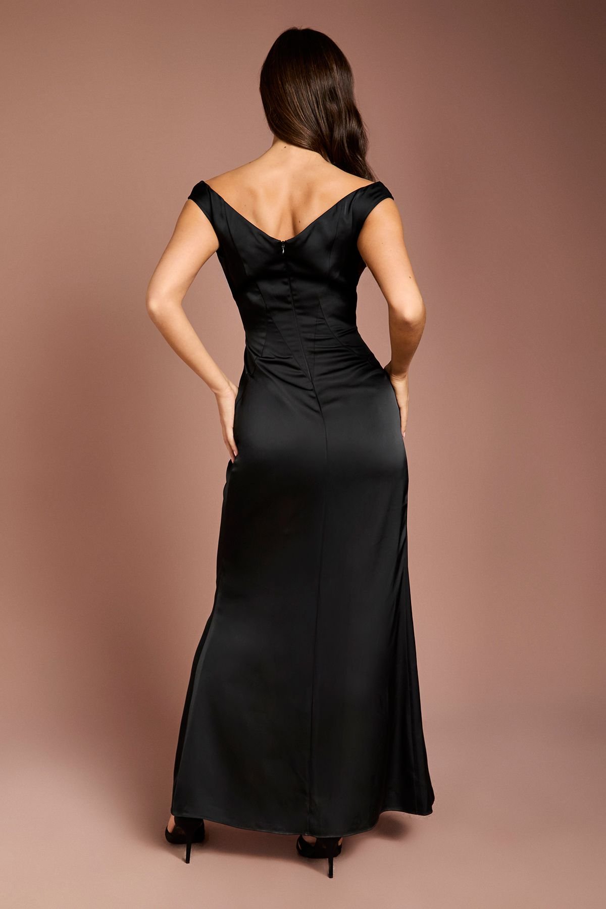 Coast Coast Women's Satin Bardot Bridesmaid Maxi Dress with Waist Ruching Detail in Black - 3