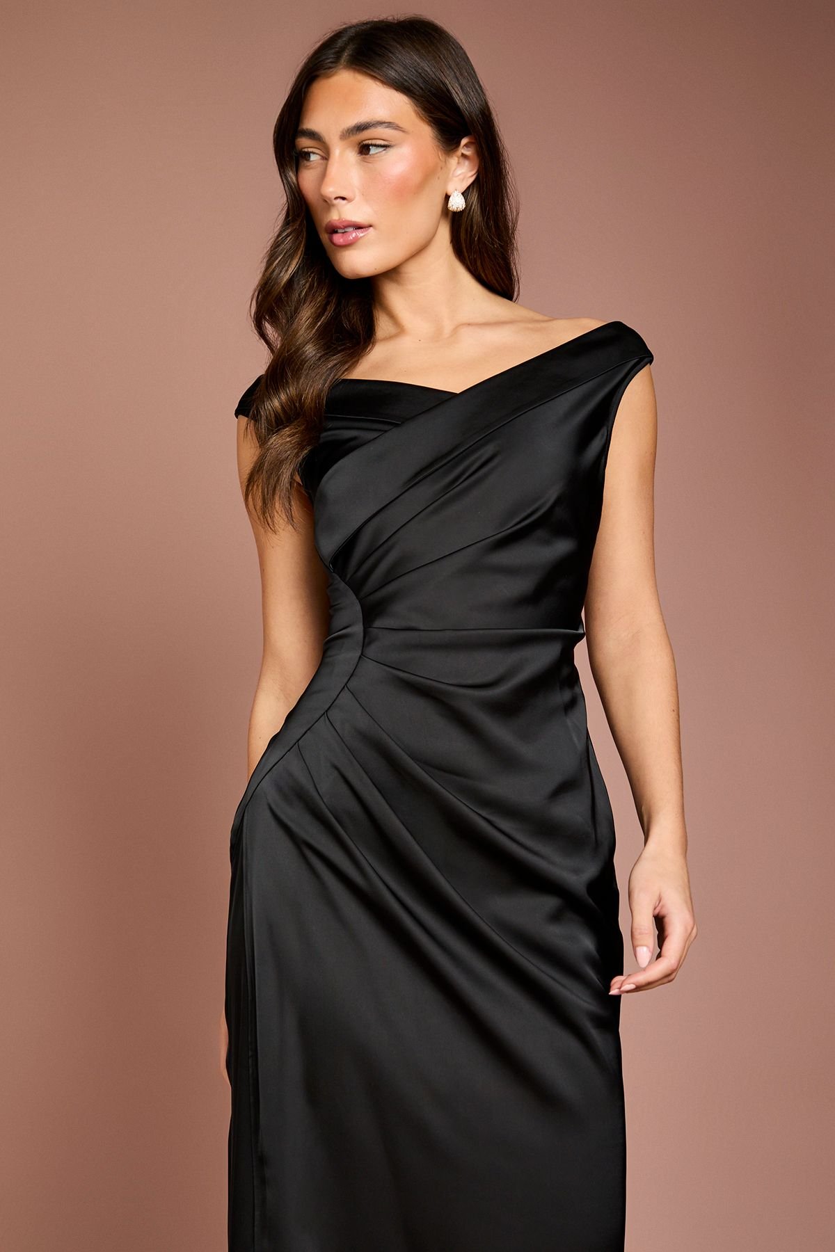 Coast Coast Women's Satin Bardot Bridesmaid Maxi Dress with Waist Ruching Detail in Black - 4
