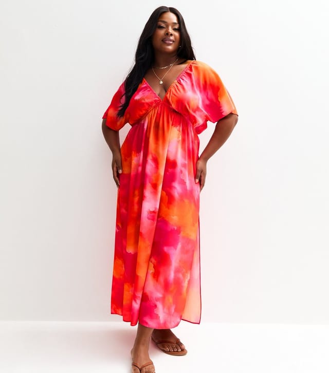 New Look Women's Plus Size Pink Ombre Print V-Neck Beach Maxi Dress Curves New Look - 3