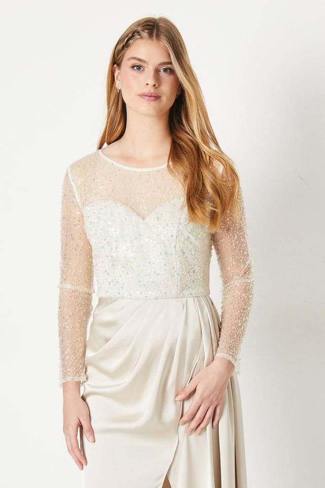 Debut London Debut London Women's by Coast Long Sleeve Satin Skirt Prom Dress in Champagne - 2