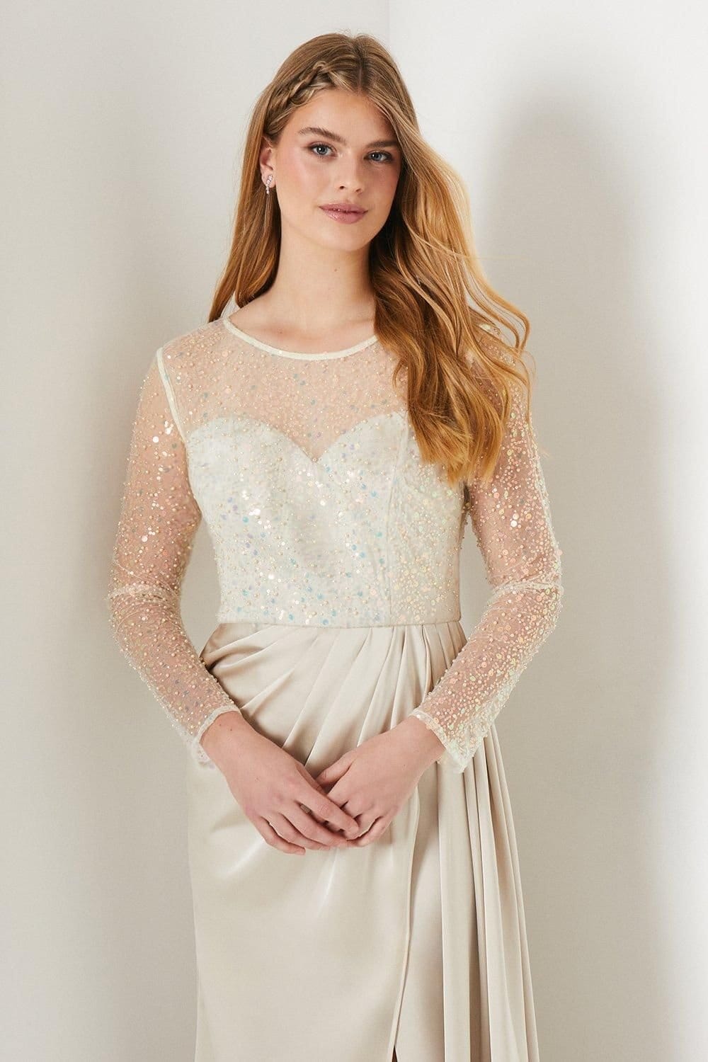 Debut London Debut London Women's by Coast Long Sleeve Satin Skirt Prom Dress in Champagne - 4
