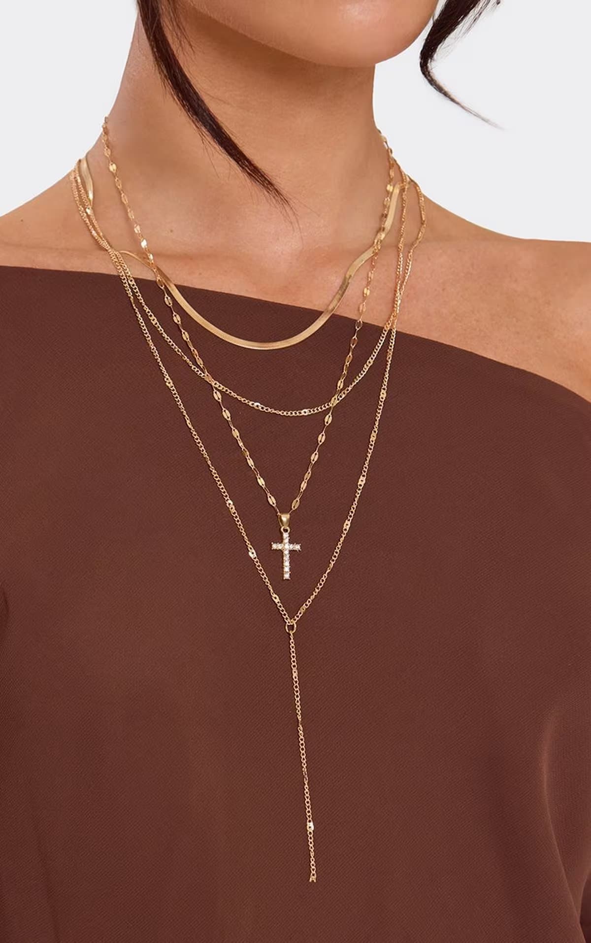 EGO Cross Pendant Multi Layered Chain Necklace In Gold, Women's Size UK 0