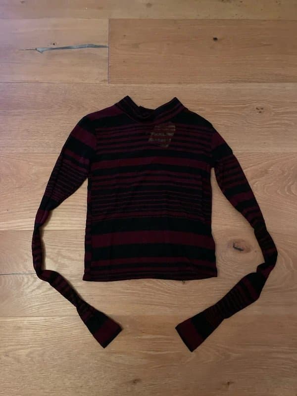 Obey obey alt Y2k avant garde 2000s emo scene high neck sheer long sleeve top burgundy black