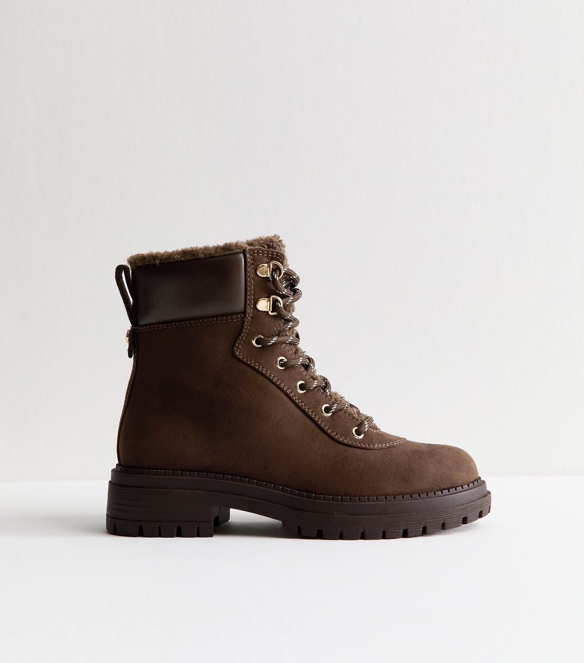 New Look Women's Brown Faux Fur Lined Lace Up Ankle Boots Vegan New Look