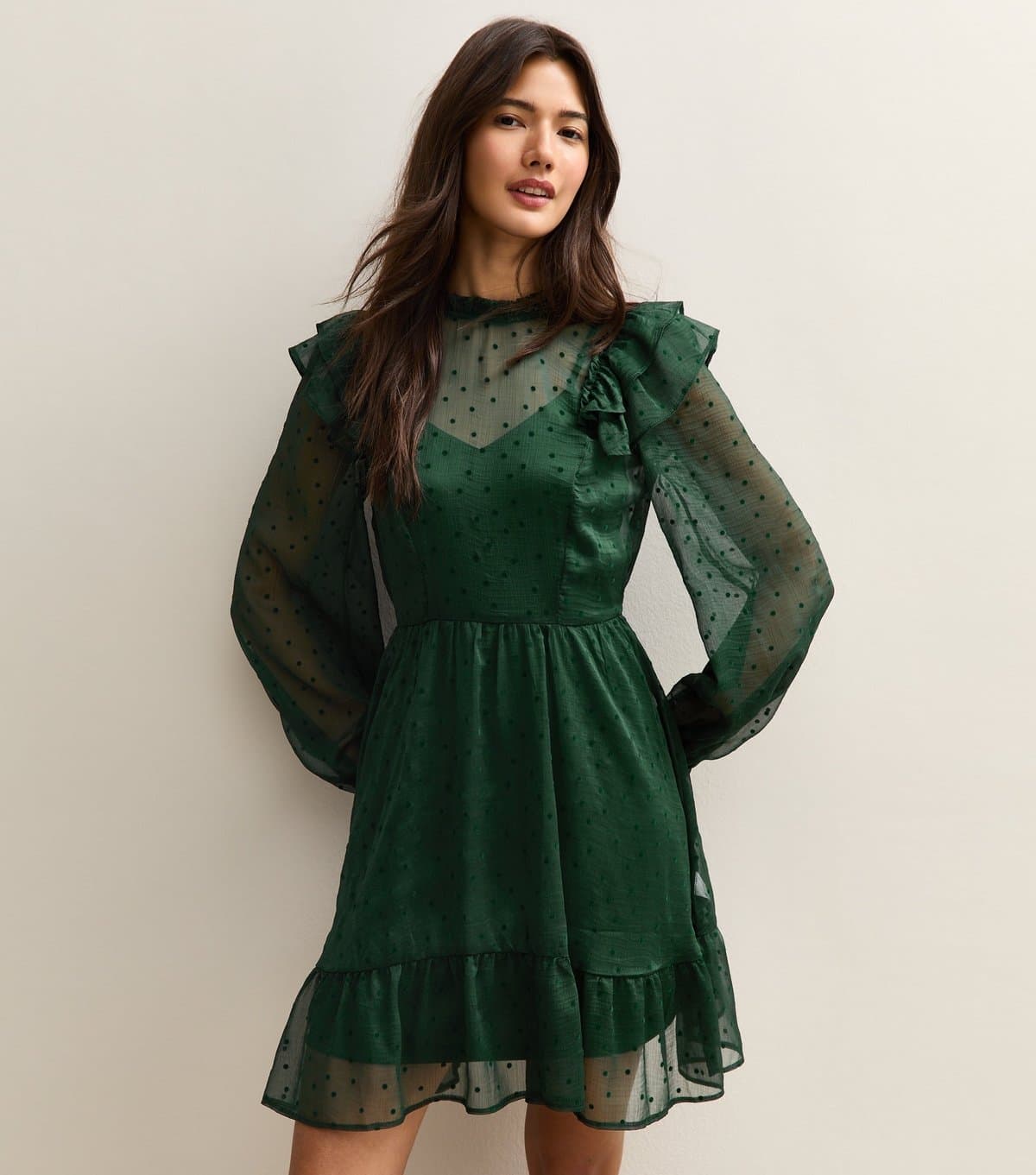 New Look Women's Dark Green Dobby Ruffe Long Sleeve Mini Dress New Look