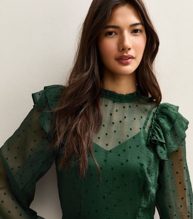 New Look Women's Dark Green Dobby Ruffe Long Sleeve Mini Dress New Look - 2