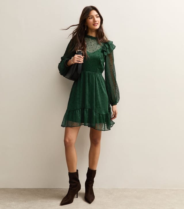 New Look Women's Dark Green Dobby Ruffe Long Sleeve Mini Dress New Look - 3