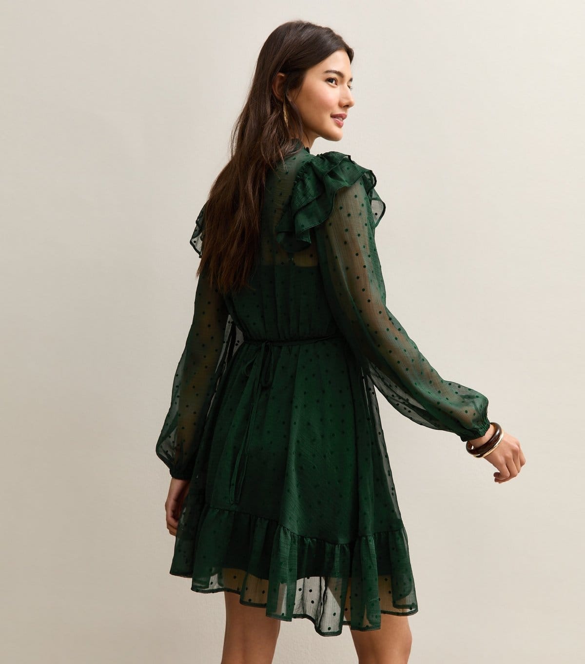 New Look Women's Dark Green Dobby Ruffe Long Sleeve Mini Dress New Look - 4