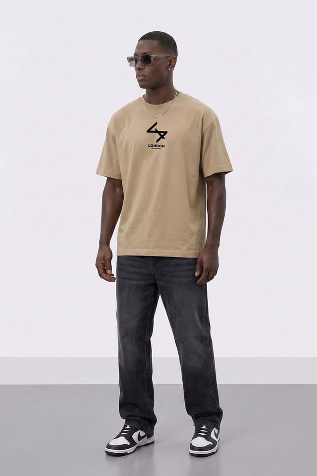 LONDON ATTITUDE LONDON ATTITUDE Men's Oversized Heavyweight T-Shirt with Varsity Back Graphic in Light Sand - 2