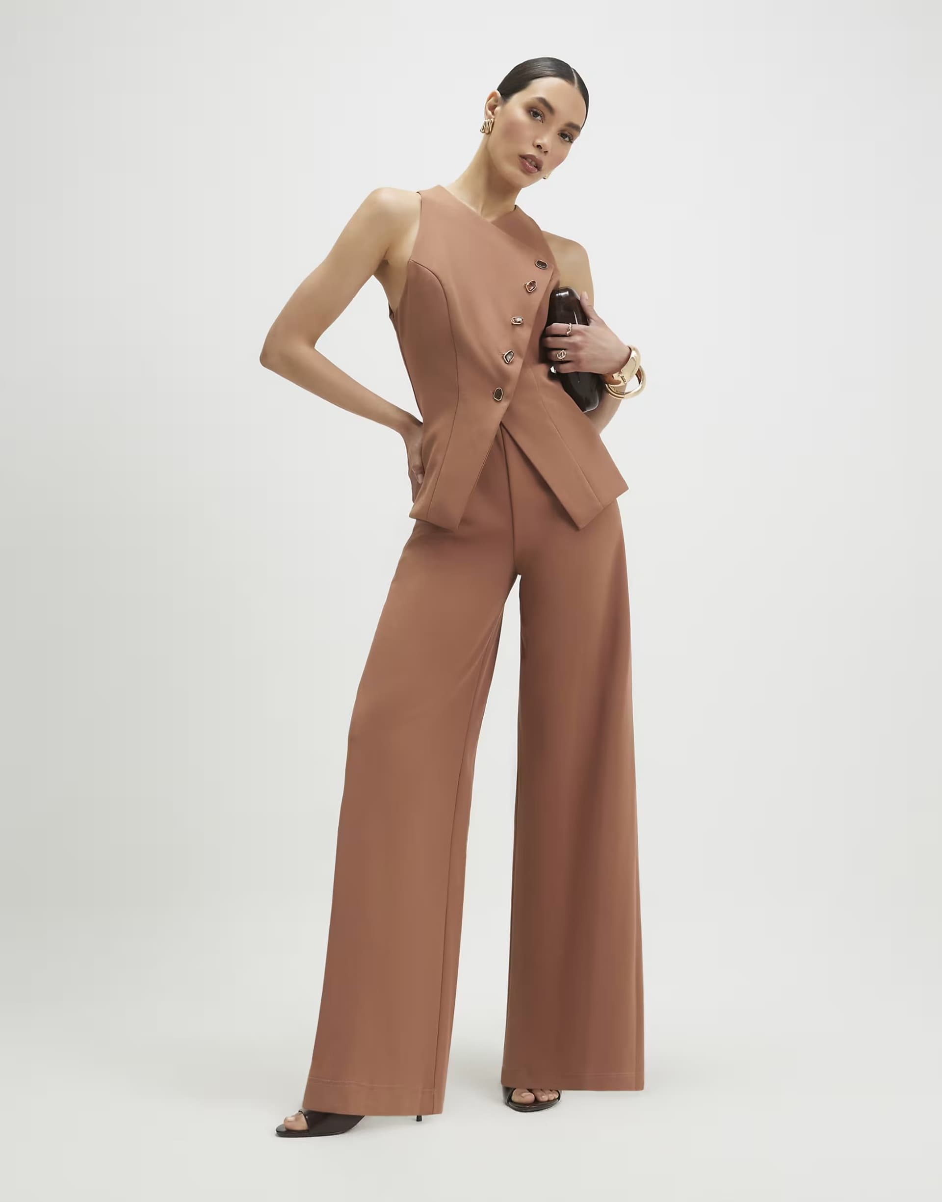 ASOS River Island Collarless asymmetric jumpsuit in brown