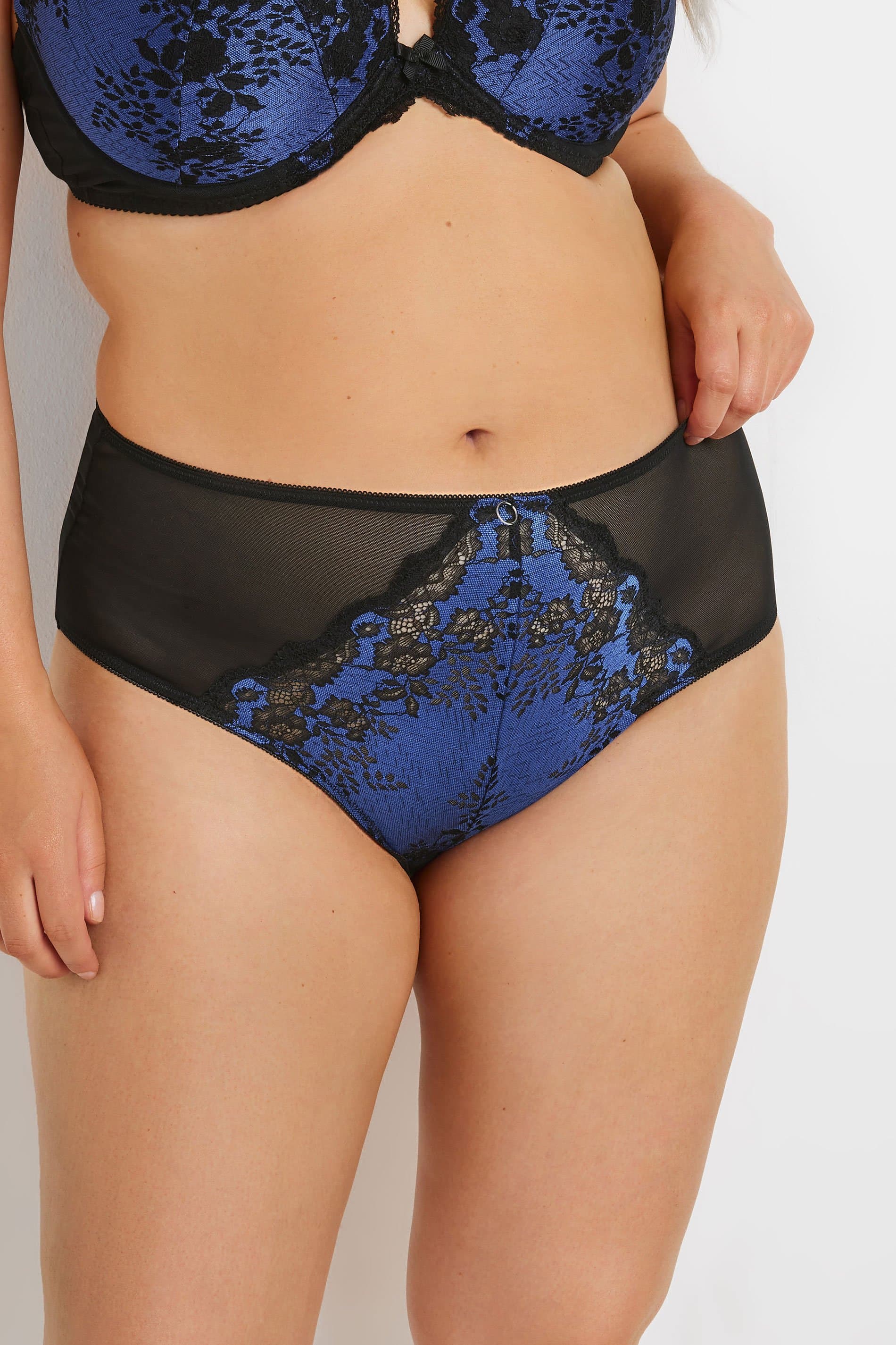 Yours Plus Size Black & Blue Lace Detail Briefs