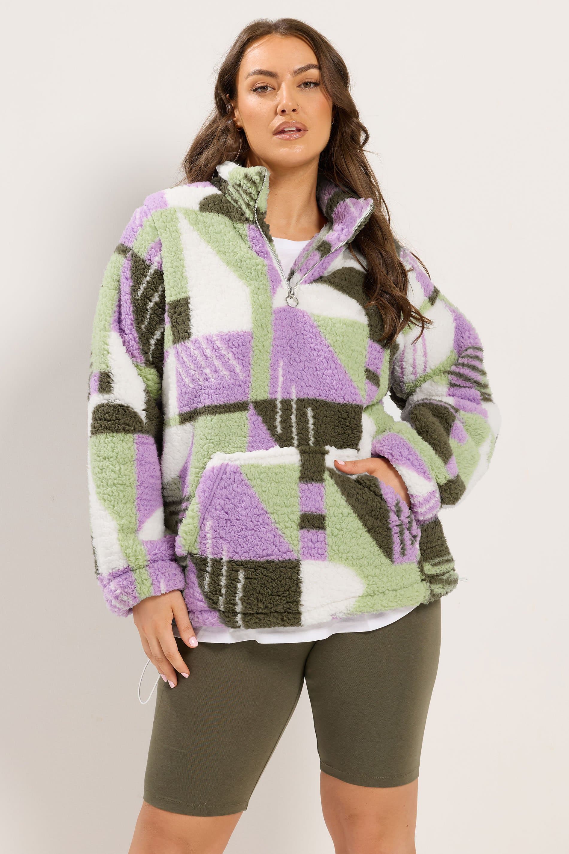 Yours Plus Size Green & Purple Abstract Quarter Zip Fleece