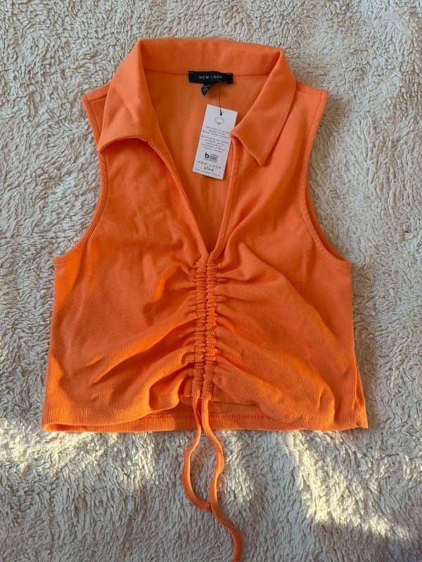 New Look New Look Orange Ribbed Ruched Polo Top (Size 18)