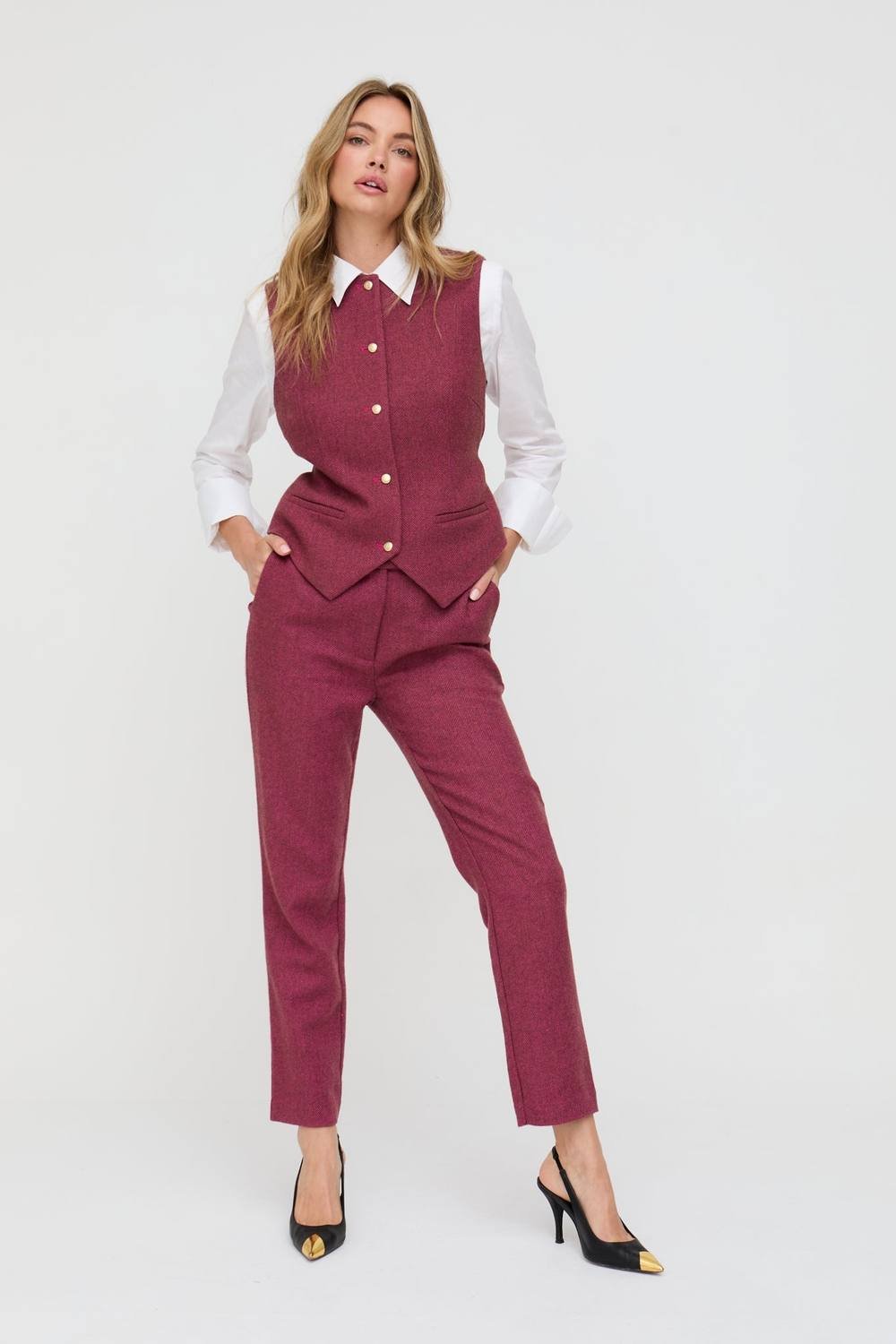 Lily and Lionel Lily and Lionel Women's Pandora Tapered Herringbone Print Trouser In Pink in Raspberry - 1