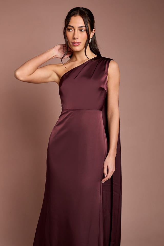 Coast Coast Women's Honoured Petite Drape One Shoulder Satin Maxi Bridesmaid Dress in Espresso - 2