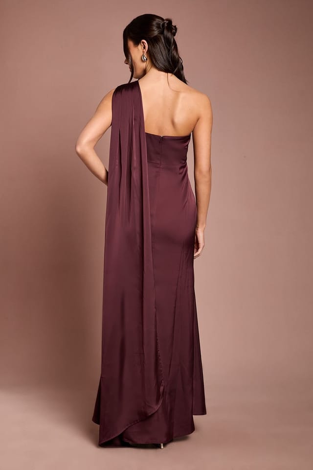 Coast Coast Women's Honoured Petite Drape One Shoulder Satin Maxi Bridesmaid Dress in Espresso - 3