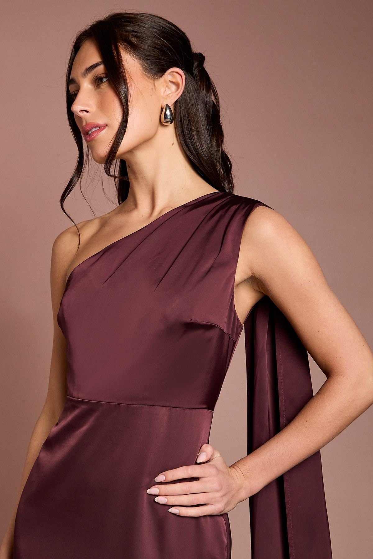 Coast Coast Women's Honoured Petite Drape One Shoulder Satin Maxi Bridesmaid Dress in Espresso - 4