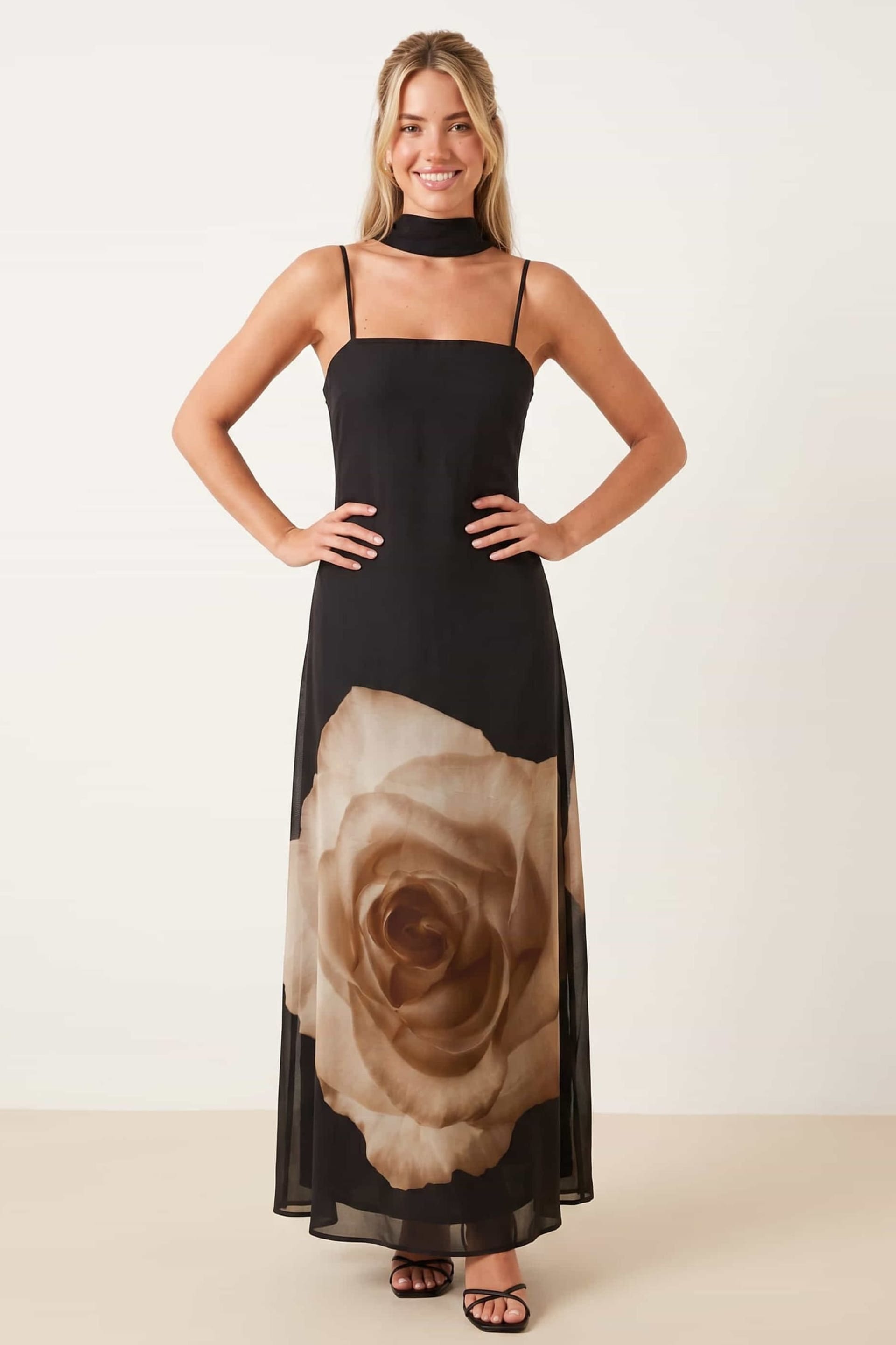 Style Cheat Black Floral Print Maxi Dress With Neck Tie Scarf