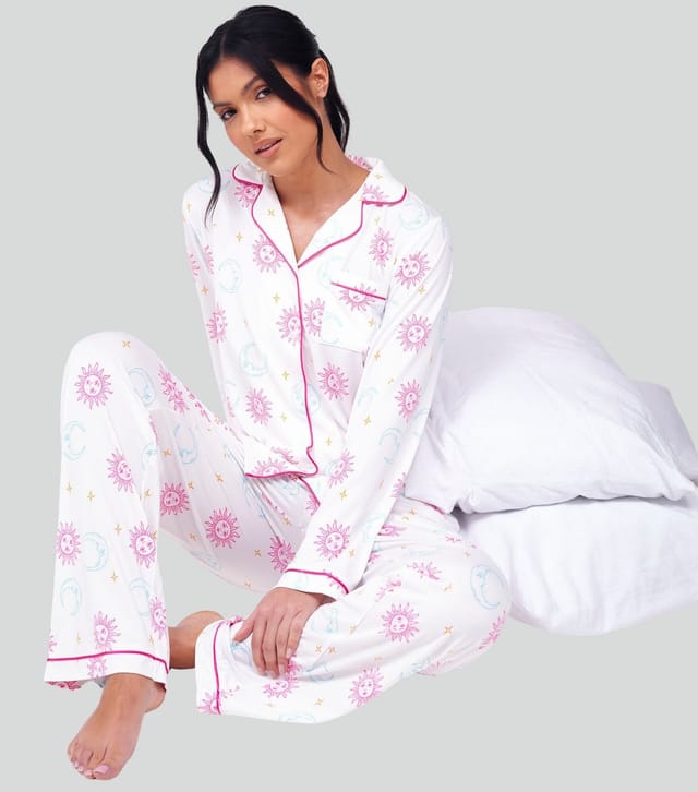 Loungeable Women's White Celestial Print Long Sleeve Shirt and Trousers Pyjama Set Loungeable New Look - 2