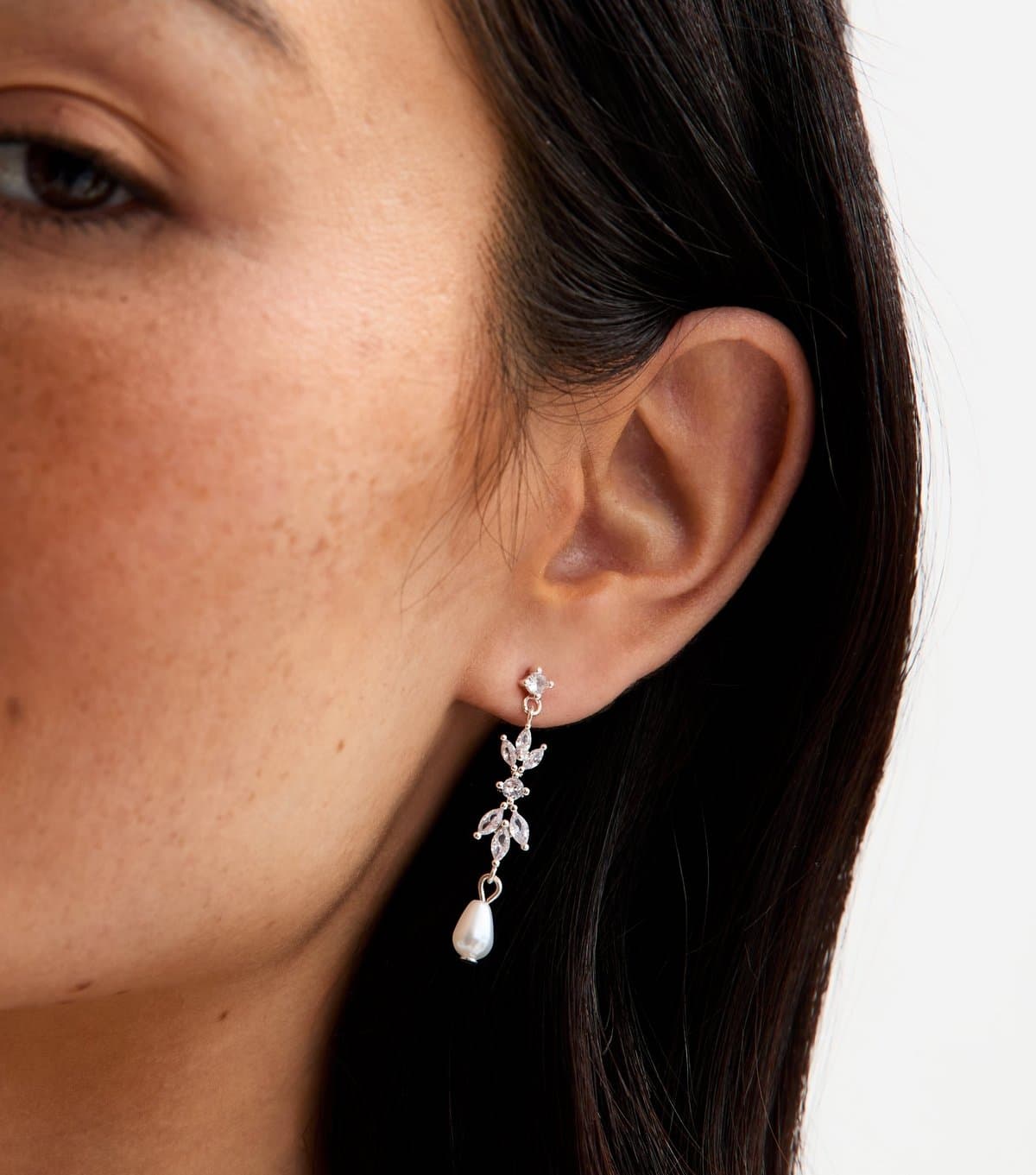 New Look Silver Tone Cubic Zirconia Leaf Tassel Faux Pearl Drop Earrings New Look