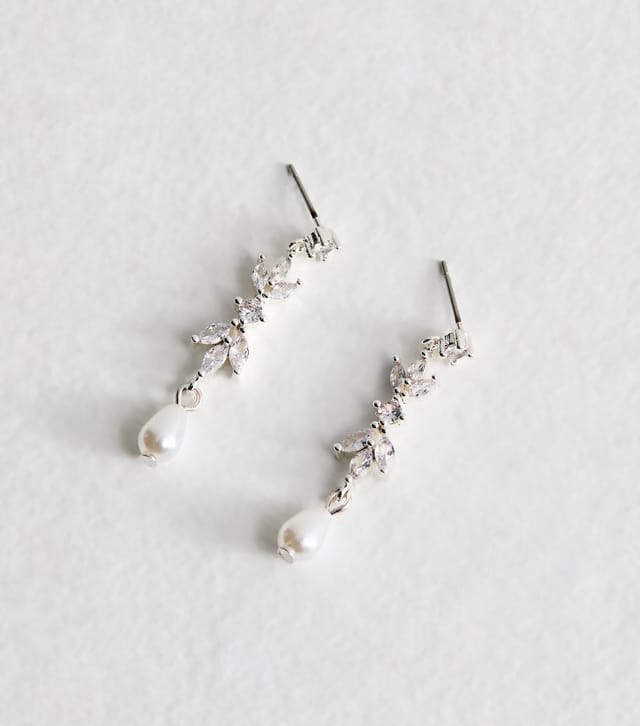 New Look Silver Tone Cubic Zirconia Leaf Tassel Faux Pearl Drop Earrings New Look - 3