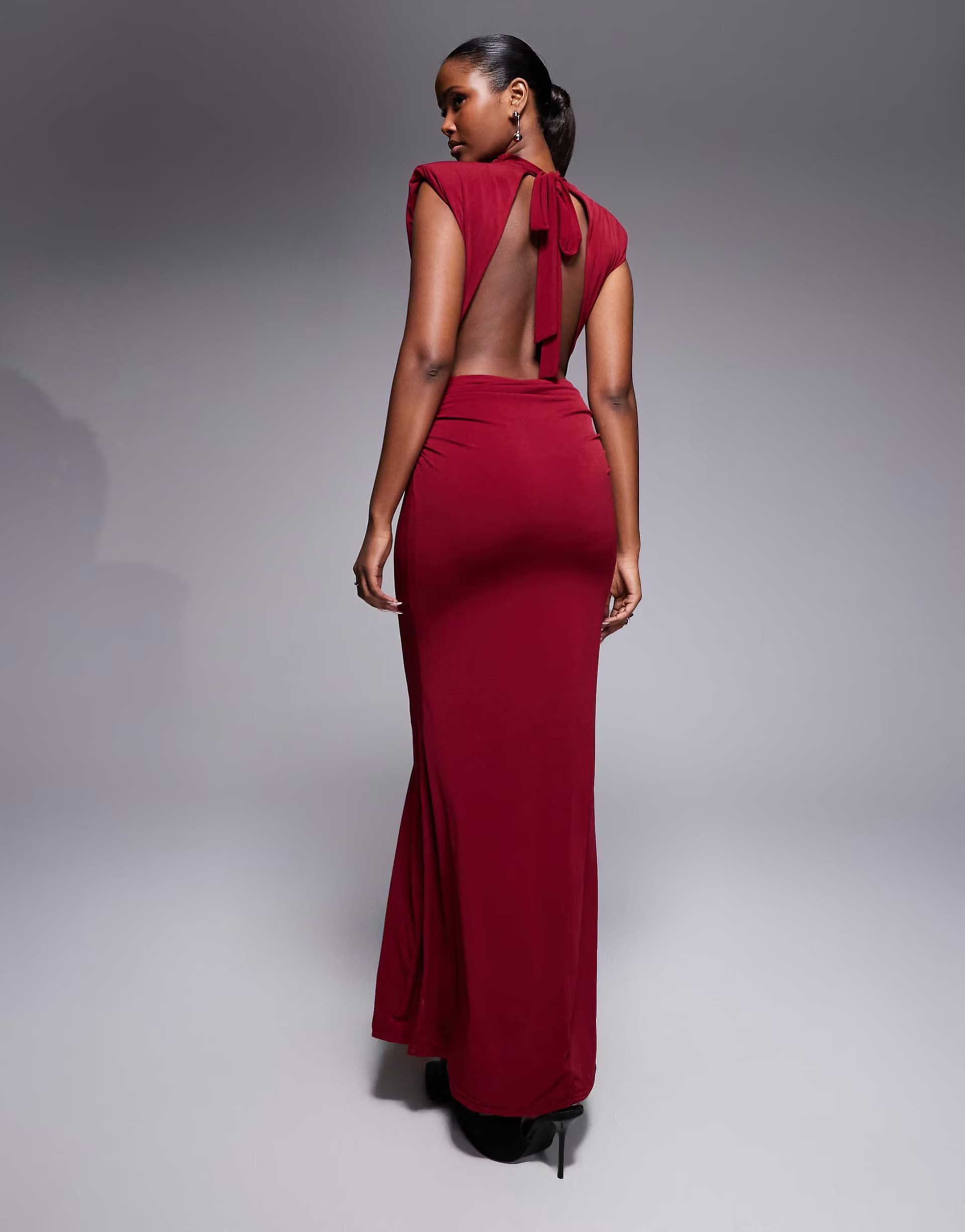 ASOS TFNC slinky draped high neck shoulder pad open back maxi dress in burgundy
