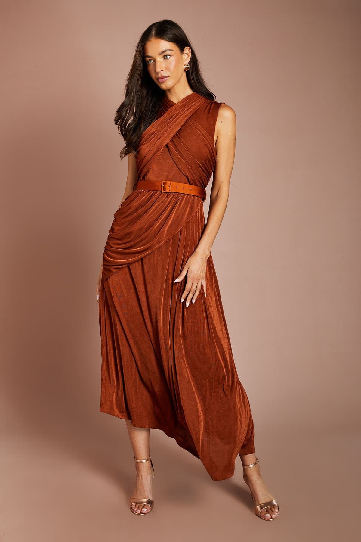 Coast Coast Women's Cross Over High Neck Sleeveless Belted Midi Dress in Rust