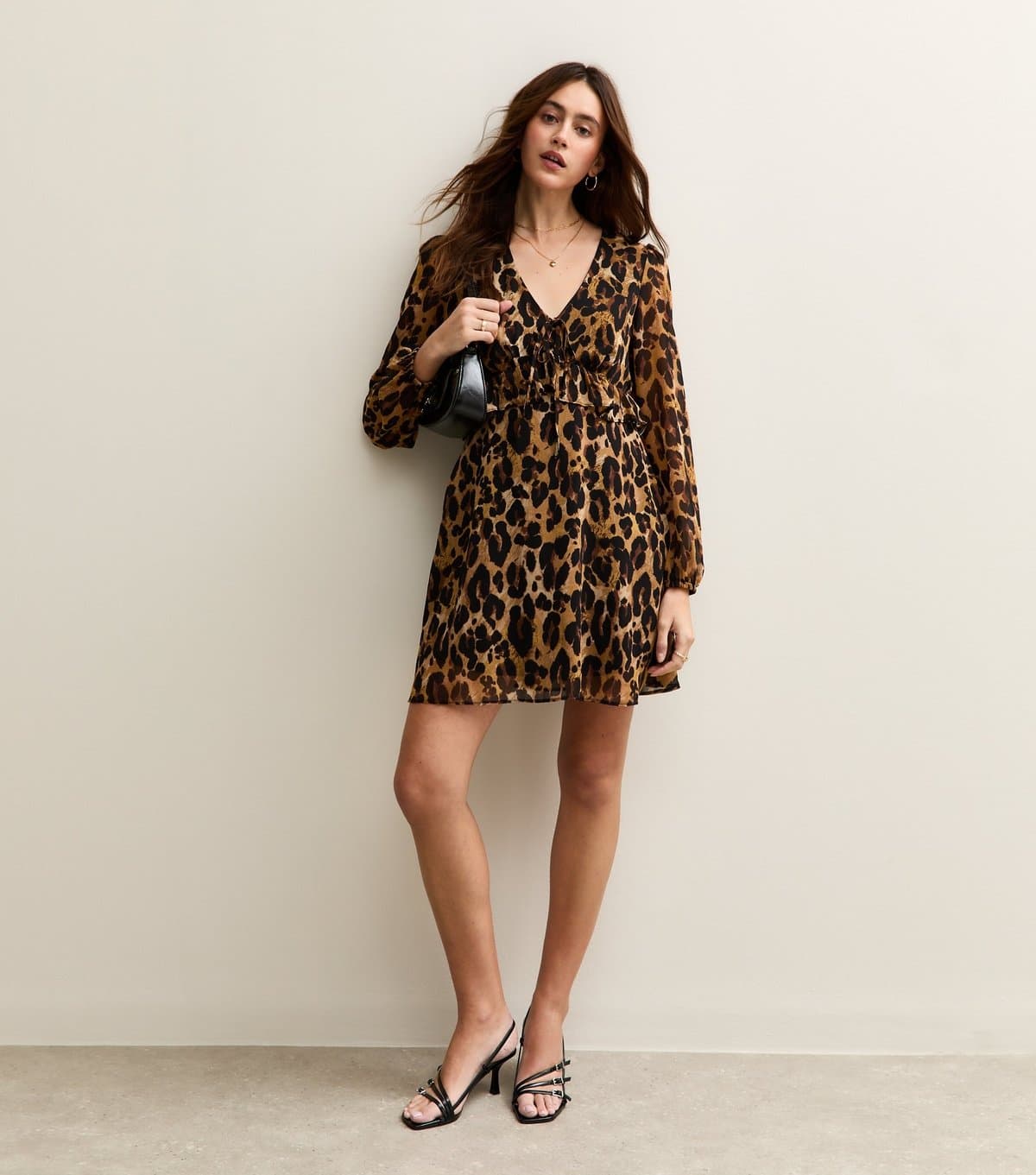 New Look Women's Brown Leopard Print Chiffon Long Sleeve Mini Dress New Look